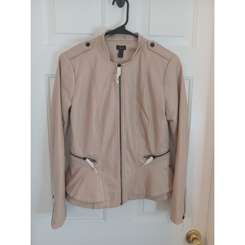 NWOT G.I.L.I. - Faux Leather Double‎ Peplum Jacket - Cappuccino Size 2
